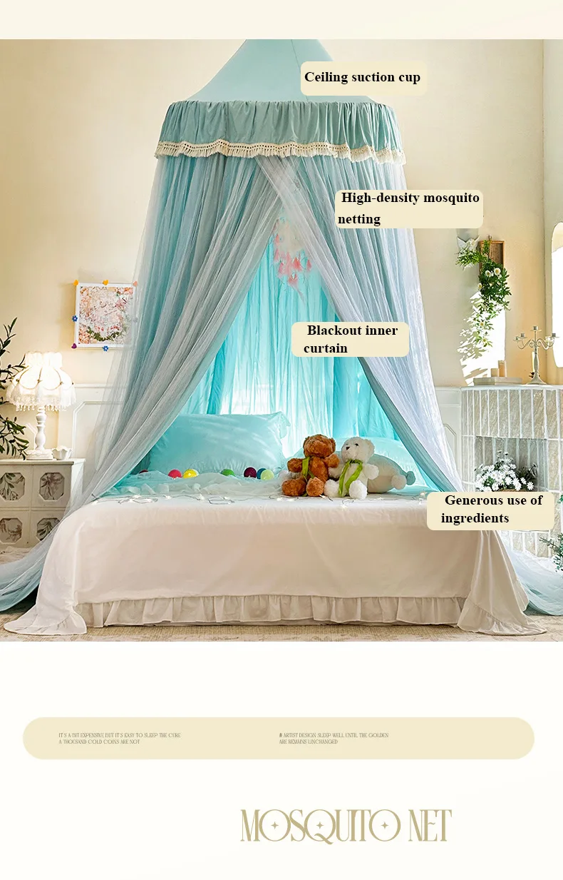 French Romantic Lace-Trimmed Floor-Length Double-Layer Bed Canopy/Mosquito Net – Exquisite Misty Blue