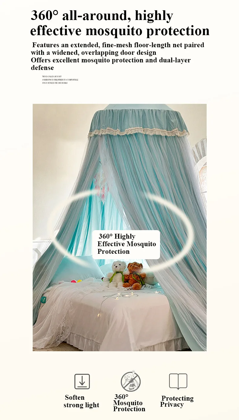 French Romantic Lace-Trimmed Floor-Length Double-Layer Bed Canopy/Mosquito Net – Exquisite Misty Blue