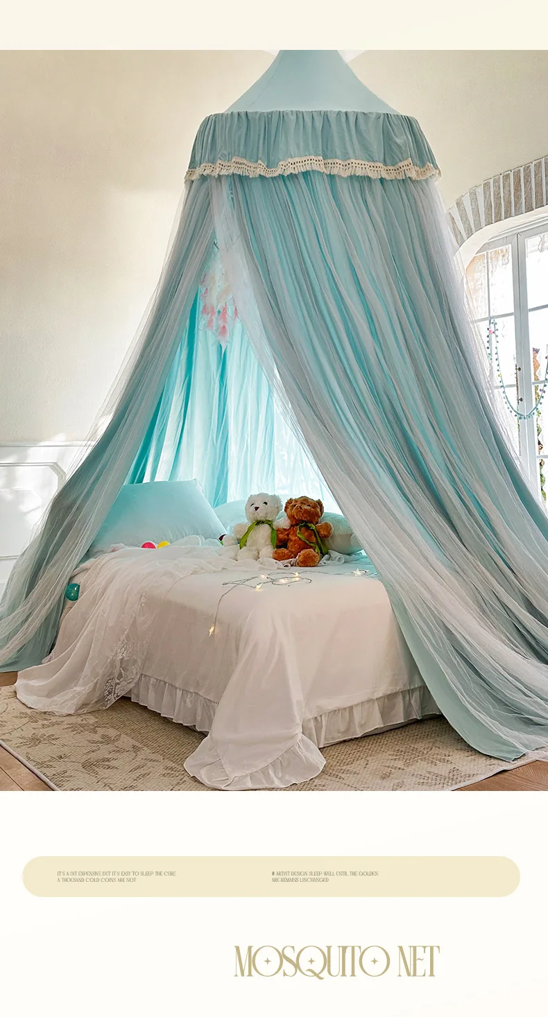 French Romantic Lace-Trimmed Floor-Length Double-Layer Bed Canopy/Mosquito Net – Exquisite Misty Blue