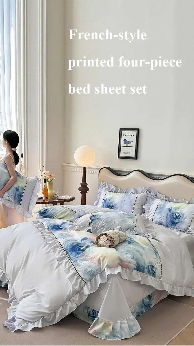 Blue Enchantres Style Printed Combed Cotton 4-Piece Bedding Set