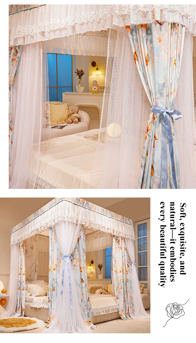 Dreamy Fluttering Dance Double-Bar Five-Way Connector Printed Floor-Length Curtain-Style Mosquito Net
