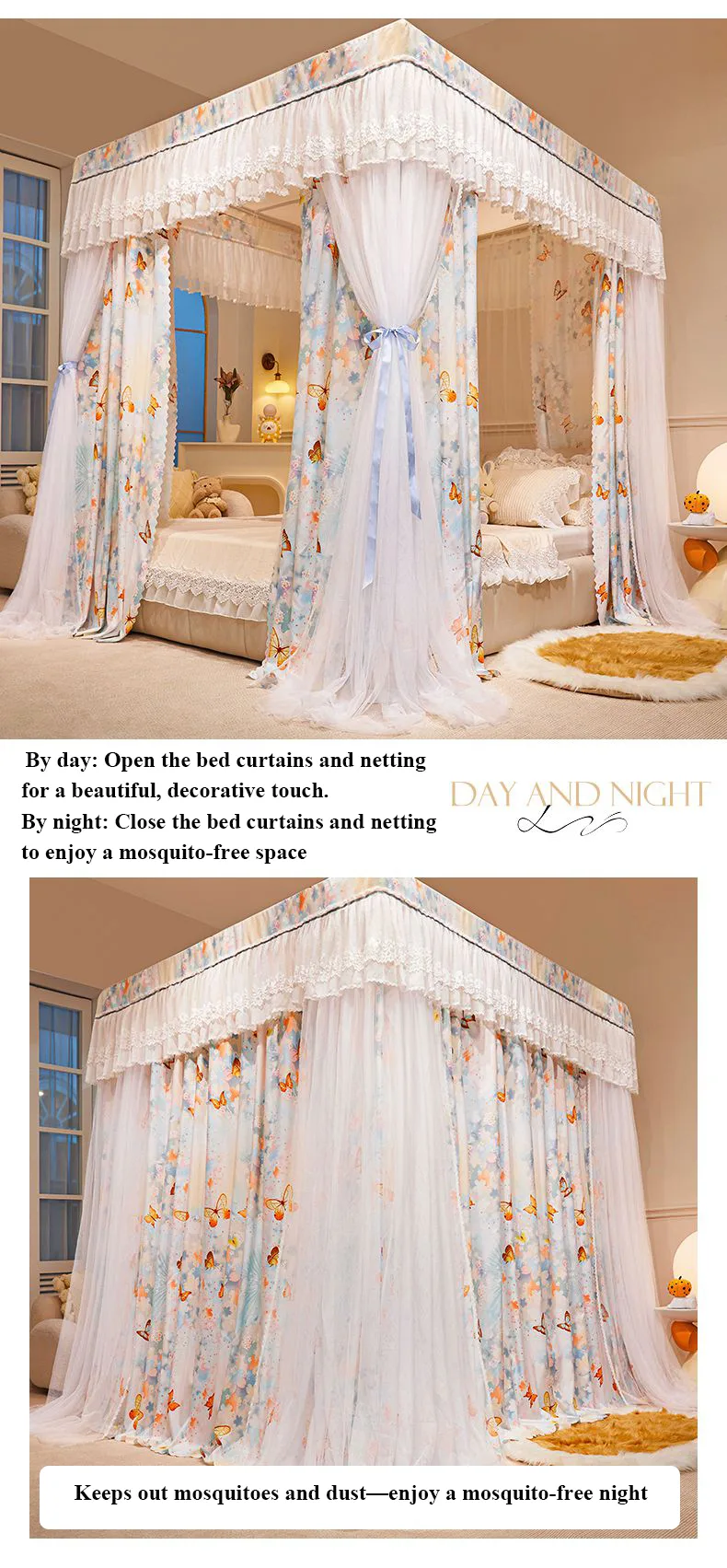 Dreamy Fluttering Dance Double-Bar Five-Way Connector Printed Floor-Length Curtain-Style Mosquito Net