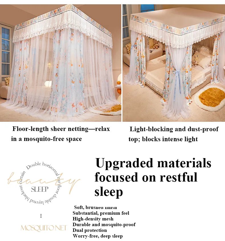Dreamy Fluttering Dance Double-Bar Five-Way Connector Printed Floor-Length Curtain-Style Mosquito Net