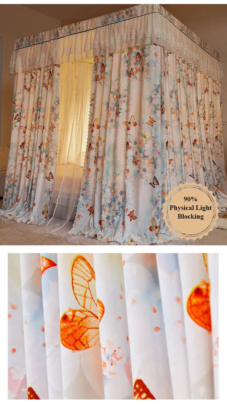 Dreamy Fluttering Dance Double-Bar Five-Way Connector Printed Floor-Length Curtain-Style Mosquito Net