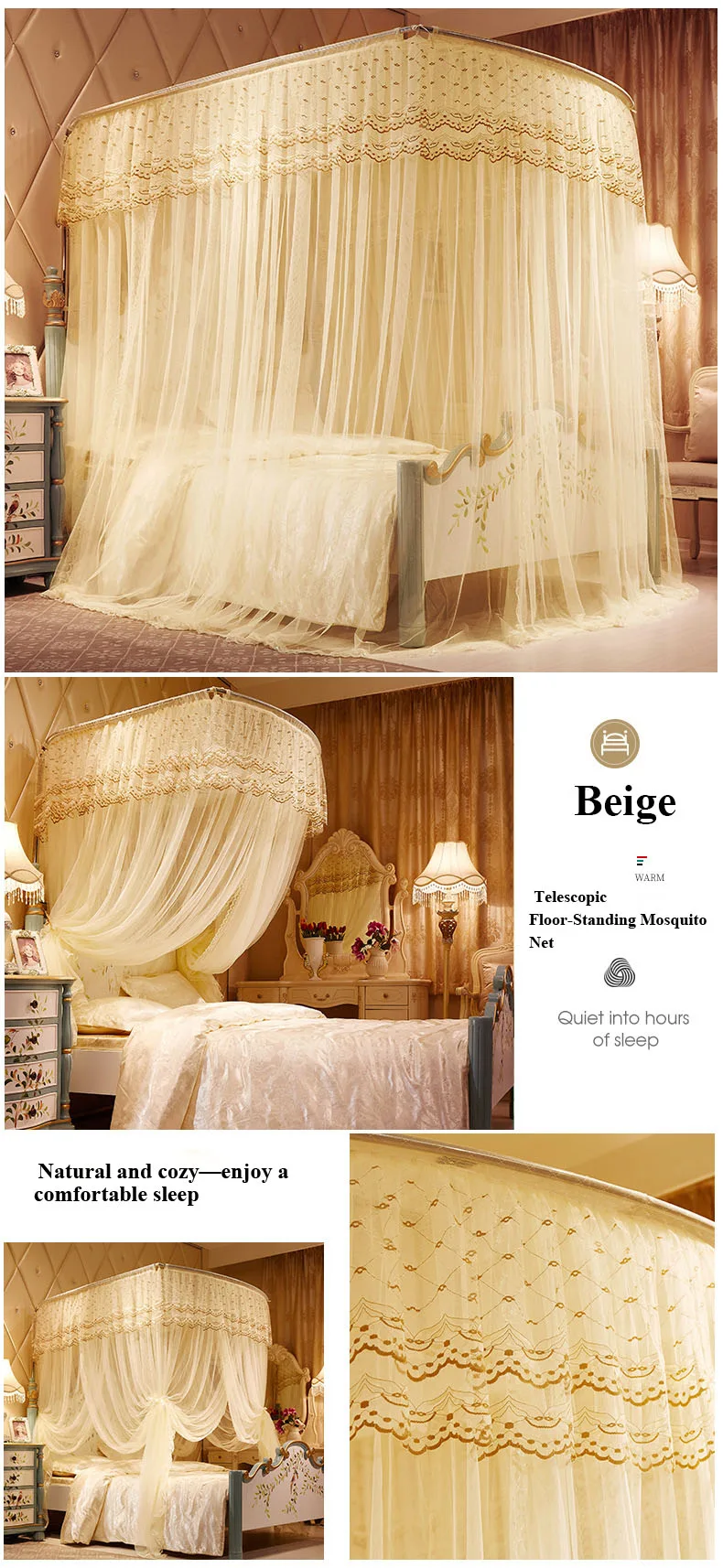 Telescopic Mosquito Net with U-Shaped 3-Door Opening and Reinforced Floor-Standing Stand Telescopic Mosquito Net with U-Shaped 3-Door Opening and Reinforced Floor-Standing Stand