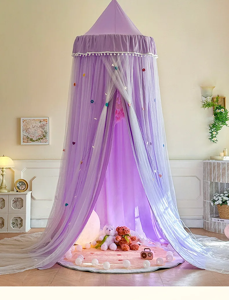 French Romantic Lace-Trimmed Floor-Length Double-Layer Bed Canopy/Mosquito Net Exquisite Purple