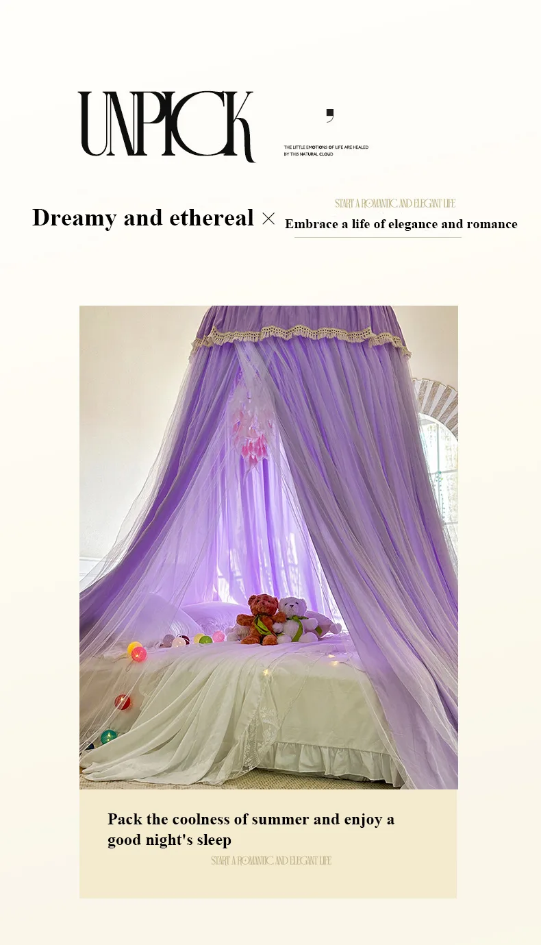 French Romantic Lace-Trimmed Floor-Length Double-Layer Bed Canopy/Mosquito Net Exquisite Purple
