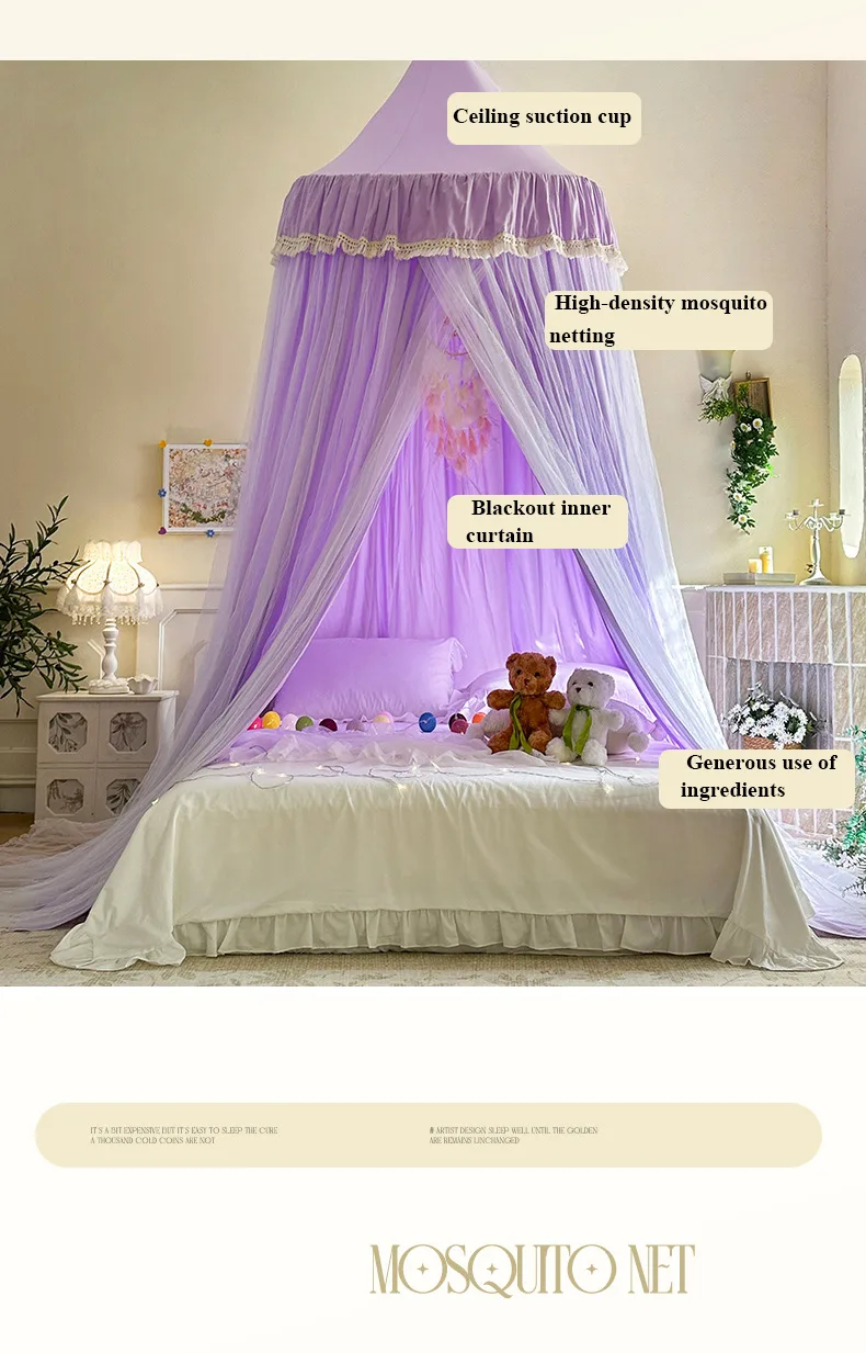 French Romantic Lace-Trimmed Floor-Length Double-Layer Bed Canopy/Mosquito Net Exquisite Purple
