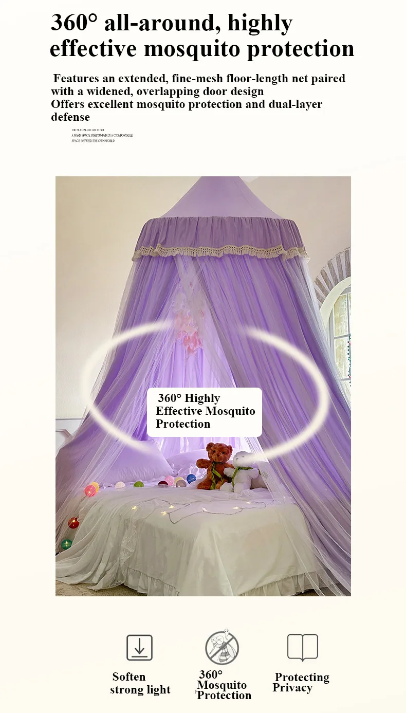 French Romantic Lace-Trimmed Floor-Length Double-Layer Bed Canopy/Mosquito Net Exquisite Purple