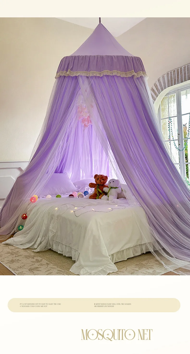 French Romantic Lace-Trimmed Floor-Length Double-Layer Bed Canopy/Mosquito Net Exquisite Purple