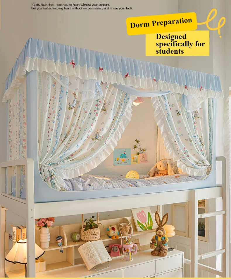 Thickened fabric student-style bed canopy with cartoon print Blueberry Rabbit