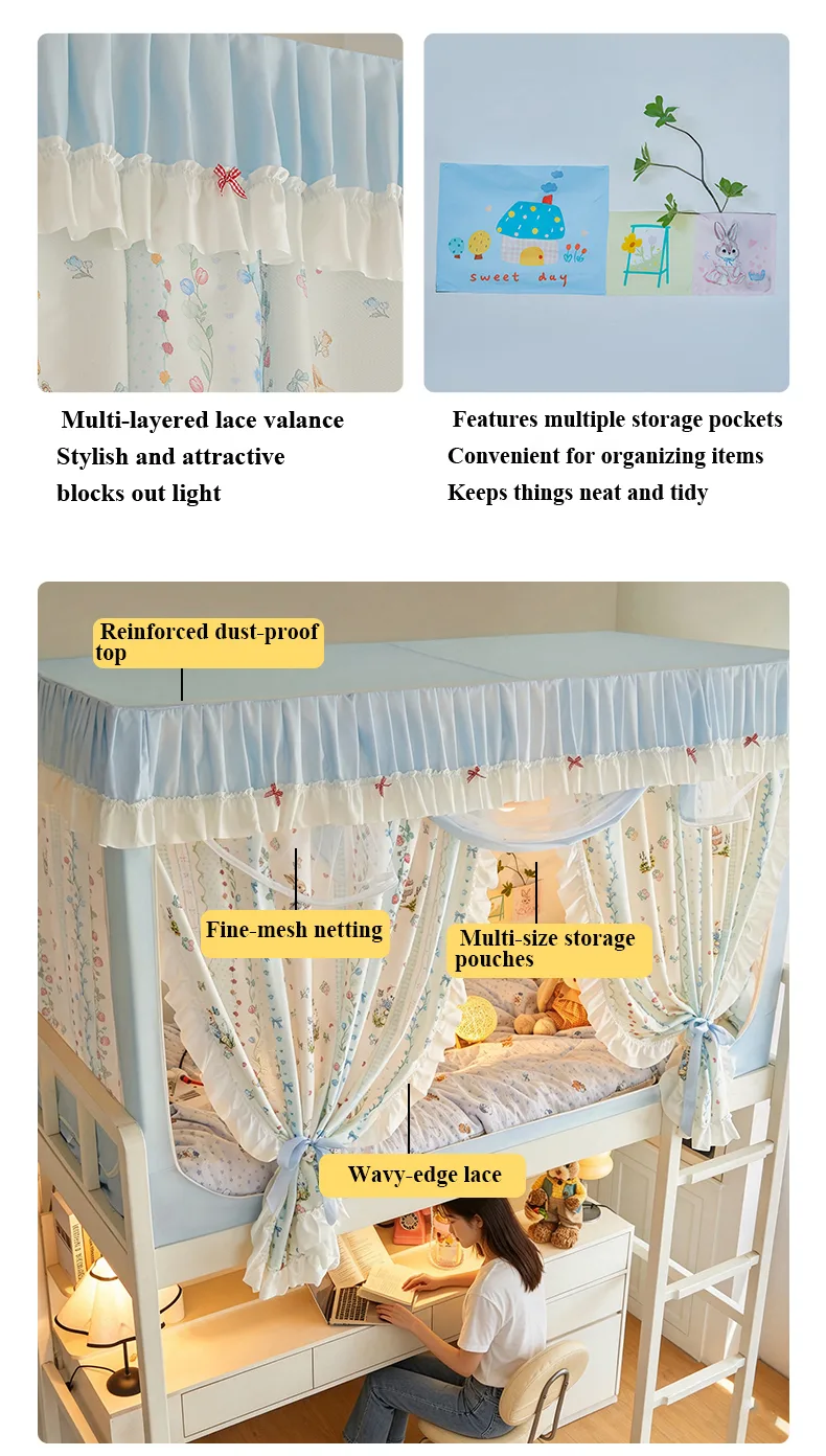 Thickened fabric student-style bed canopy with cartoon print Blueberry Rabbit