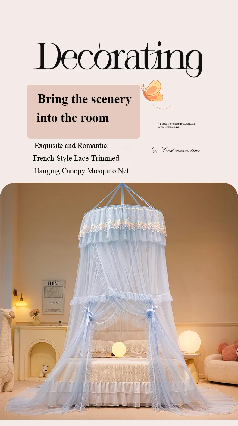 Alice blue-grey dome mosquito net with French lace trim Alice blue-grey dome mosquito net with French lace trim