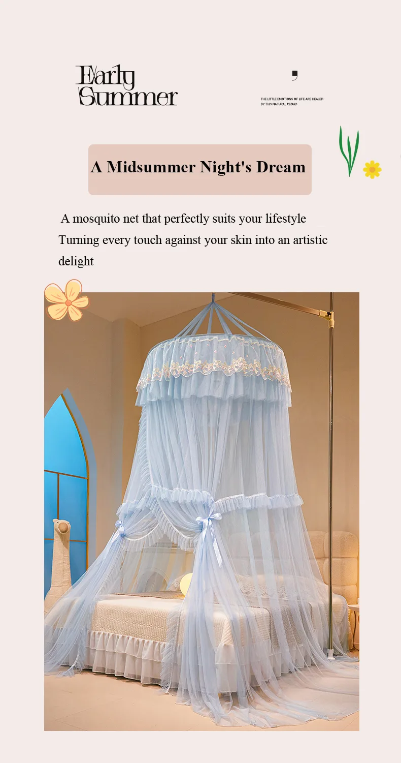Alice blue-grey dome mosquito net with French lace trim Alice blue-grey dome mosquito net with French lace trim