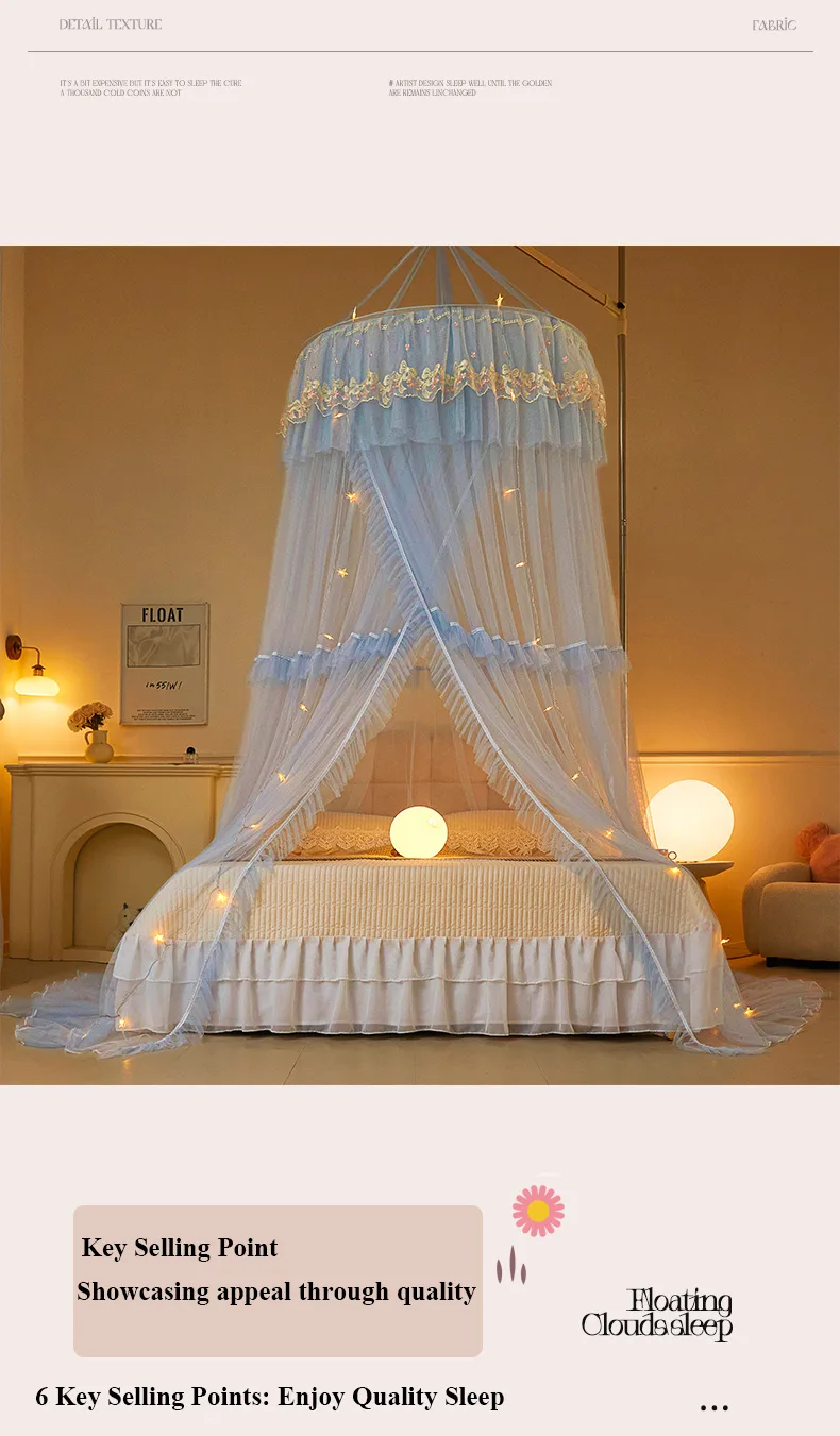 Alice blue-grey dome mosquito net with French lace trim Alice blue-grey dome mosquito net with French lace trim