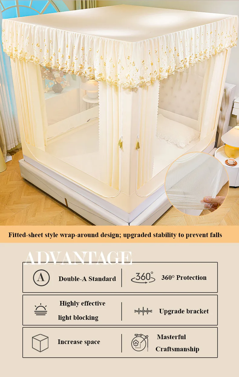 Cream-yellow, new-style blackout embroidered bed curtains with printed patterns and mosquito netting Cream-yellow, new-style blackout embroidered bed curtains with printed patterns and mosquito netting