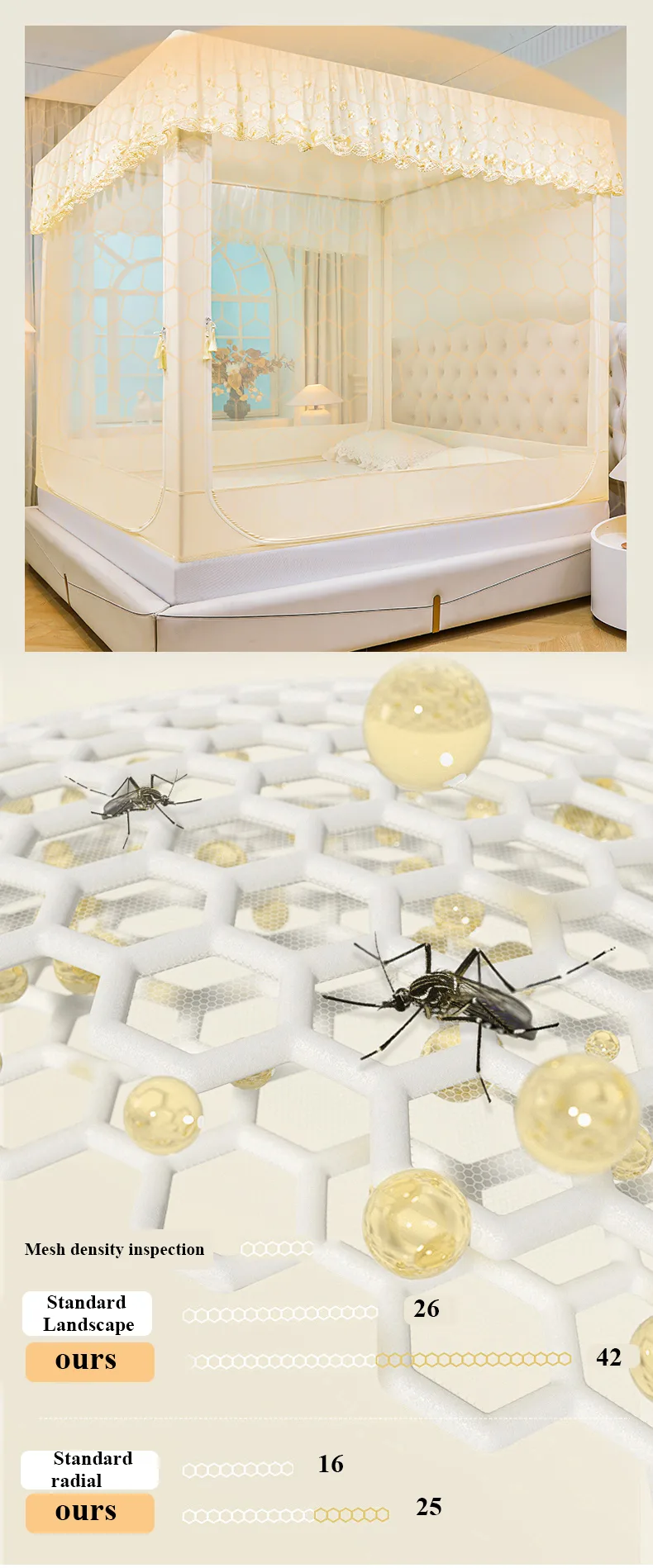 Cream-yellow, new-style blackout embroidered bed curtains with printed patterns and mosquito netting Cream-yellow, new-style blackout embroidered bed curtains with printed patterns and mosquito netting