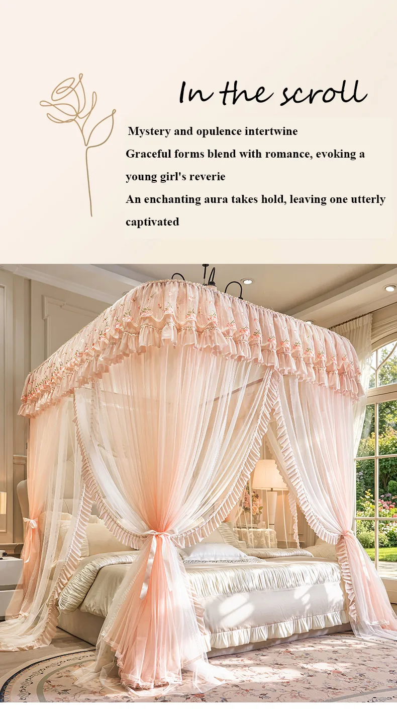 "Cloud-Rail Floral Landscape" – Soft Jade-Tone, Double-Track, French-Style Embroidered U-Shaped Rail Floor-Standing Mosquito Net "Cloud-Rail Floral Landscape" – Soft Jade-Tone, Double-Track, French-Style Embroidered U-Shaped Rail Floor-Standing Mosquito Net