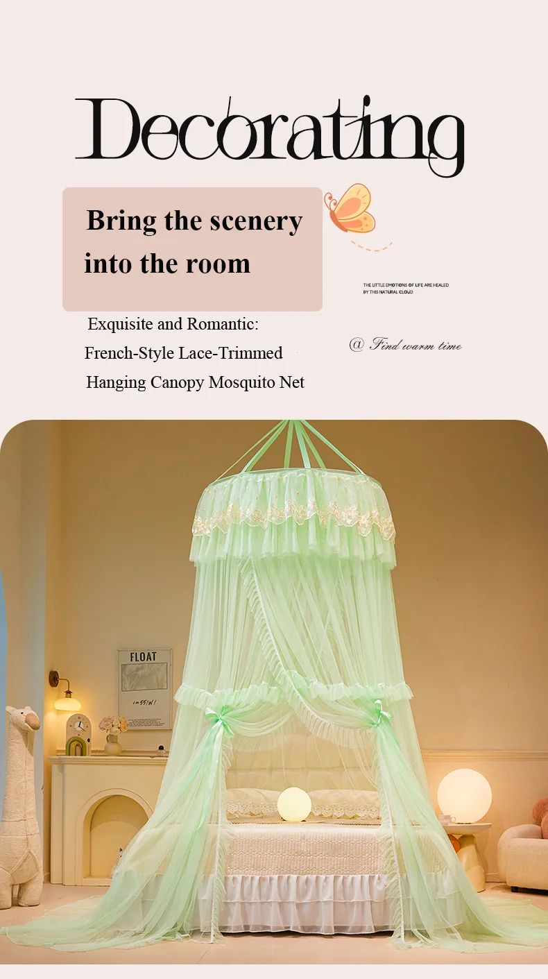 Alice green-grey dome mosquito net with French lace trim Alice green-grey dome mosquito net with French lace trim