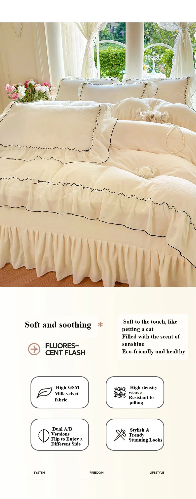 Soft Cream white French-Style Thickened Milk Fleece 4-Piece Bedding Set