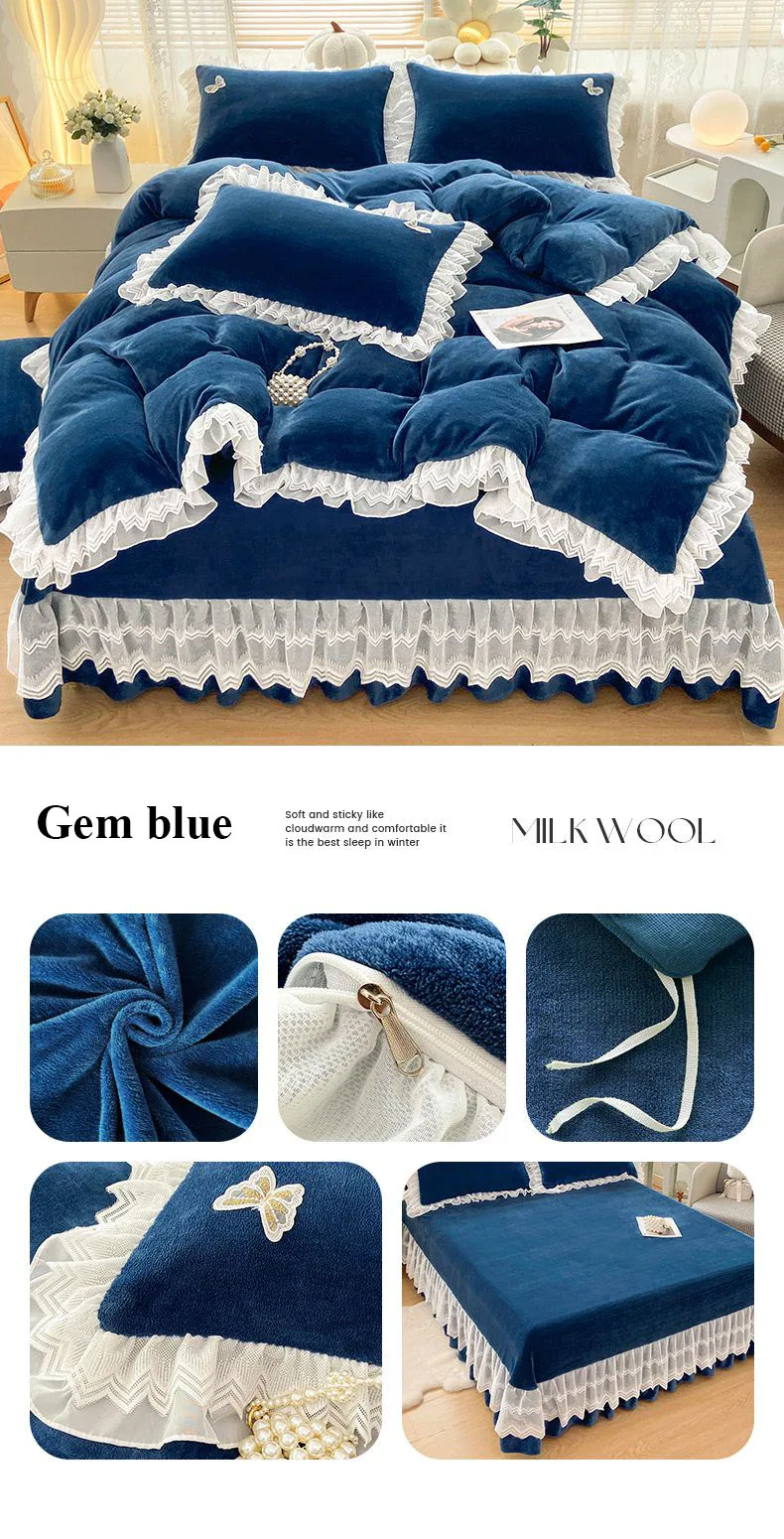 Gem blue Double-Layer Ruffled, 210gsm Thickened Milk Fleece 4-Piece Bedding Set