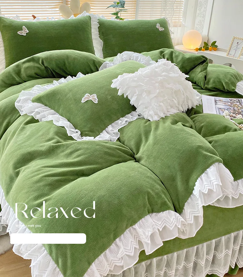 Gem blue Double-Layer Ruffled, 210gsm Thickened Milk Fleece 4-Piece Bedding Set