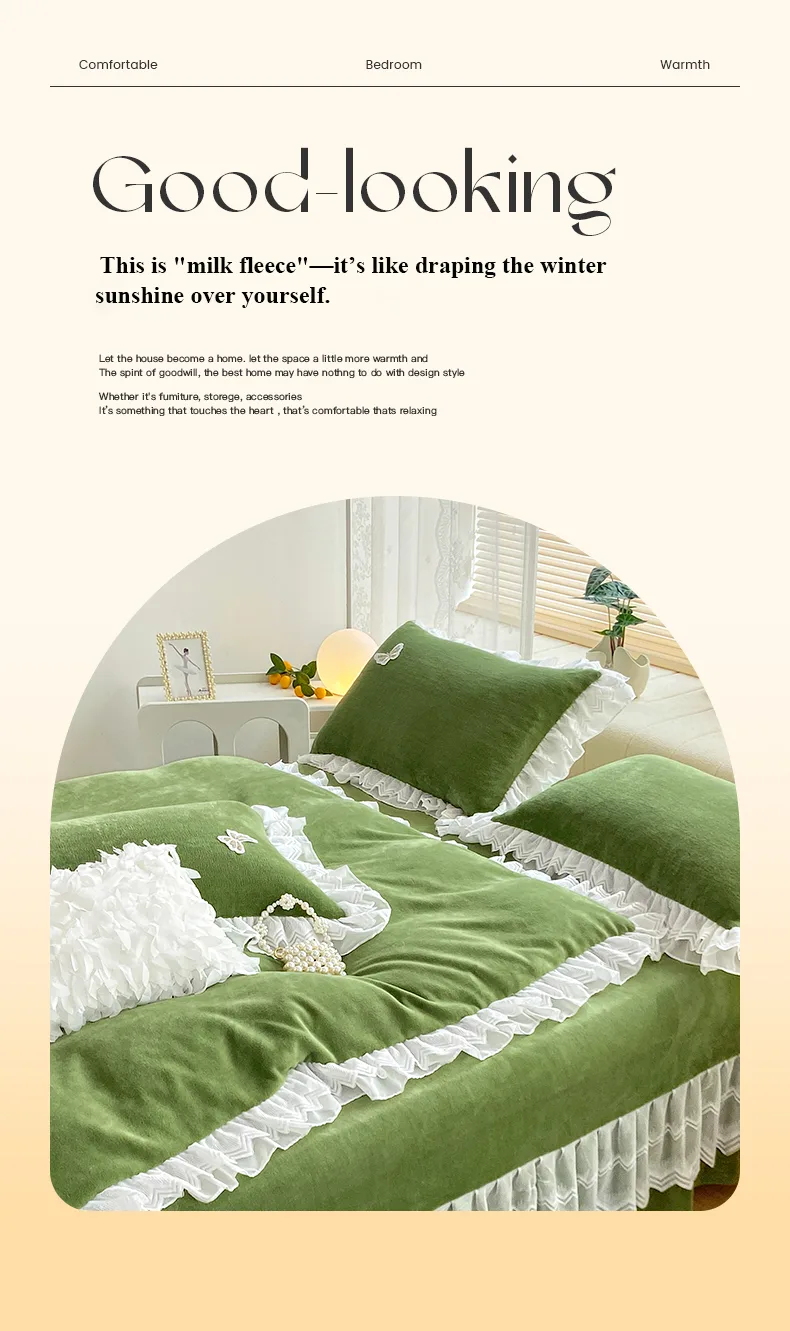 Gem blue Double-Layer Ruffled, 210gsm Thickened Milk Fleece 4-Piece Bedding Set