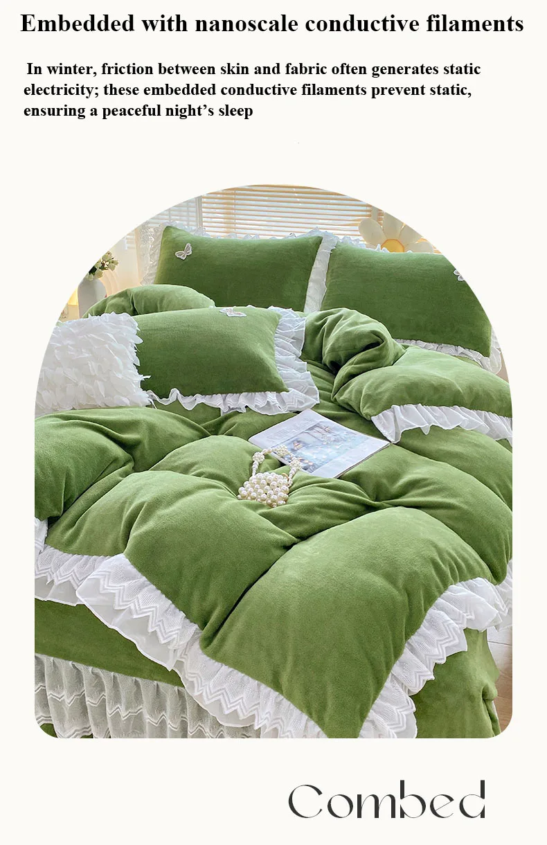 Gem blue Double-Layer Ruffled, 210gsm Thickened Milk Fleece 4-Piece Bedding Set