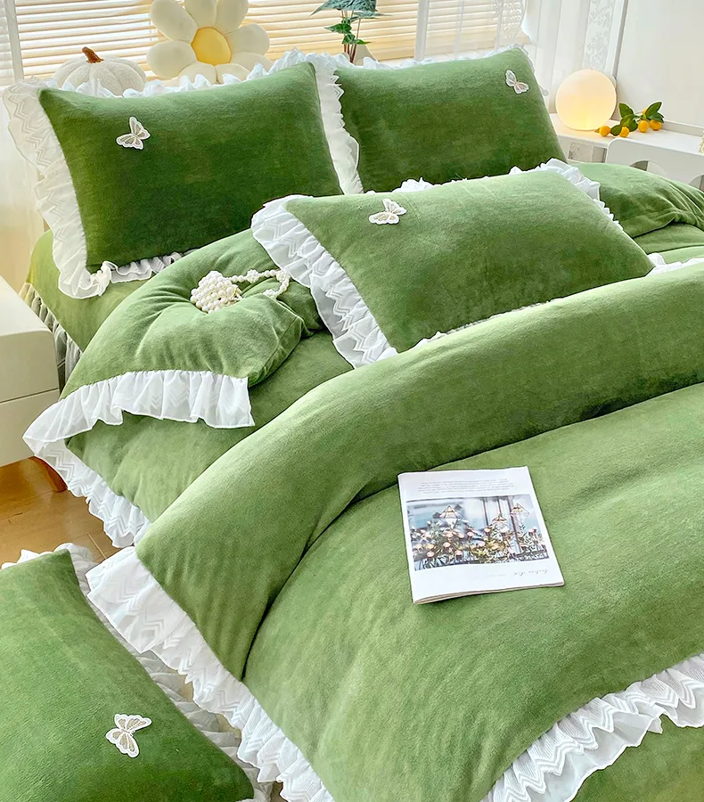 Gem blue Double-Layer Ruffled, 210gsm Thickened Milk Fleece 4-Piece Bedding Set