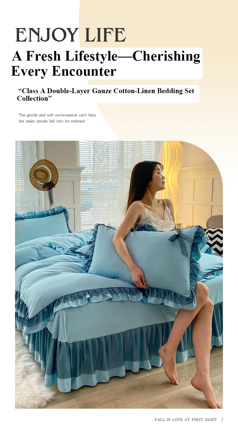 Moon-Blue Class A Double-Layer Gauze Cotton-Linen 4-Piece Bedding Set Series