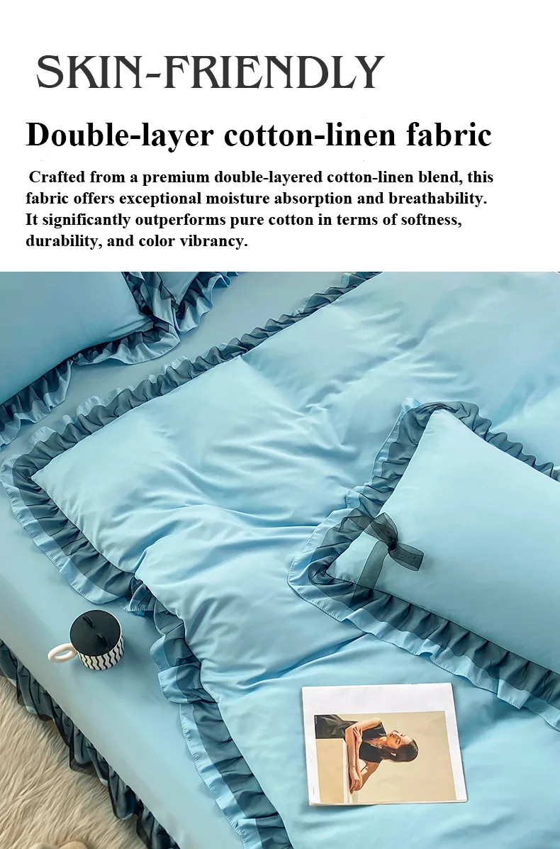 Moon-Blue Class A Double-Layer Gauze Cotton-Linen 4-Piece Bedding Set Series
