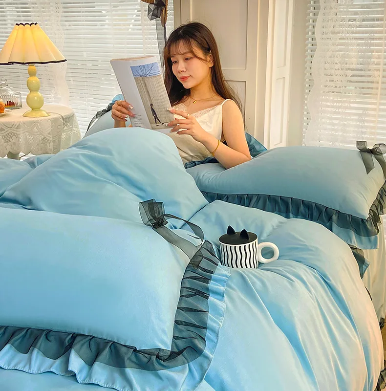 Moon-Blue Class A Double-Layer Gauze Cotton-Linen 4-Piece Bedding Set Series