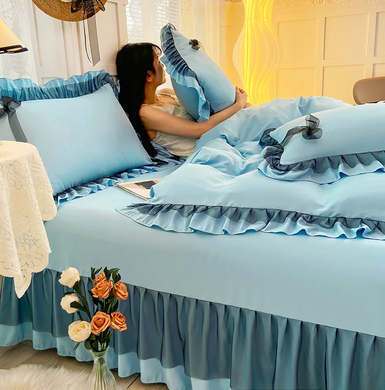 Moon-Blue Class A Double-Layer Gauze Cotton-Linen 4-Piece Bedding Set Series