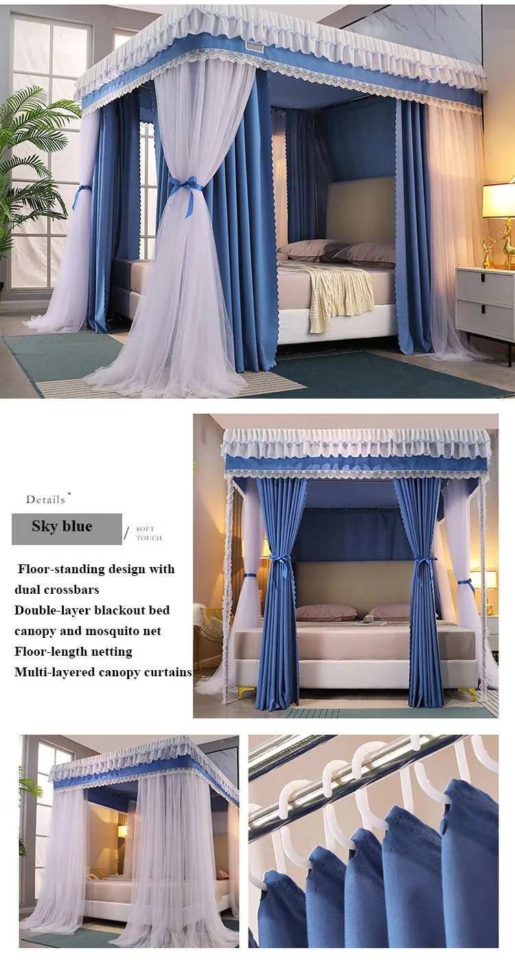 Sky Blue Double-Layer Korean-Style Bed Canopy: 1.8m Bed Mosquito Net with Dustproof Top, Windproof and Warm, Princess-Style Bed Curtains for Home Use