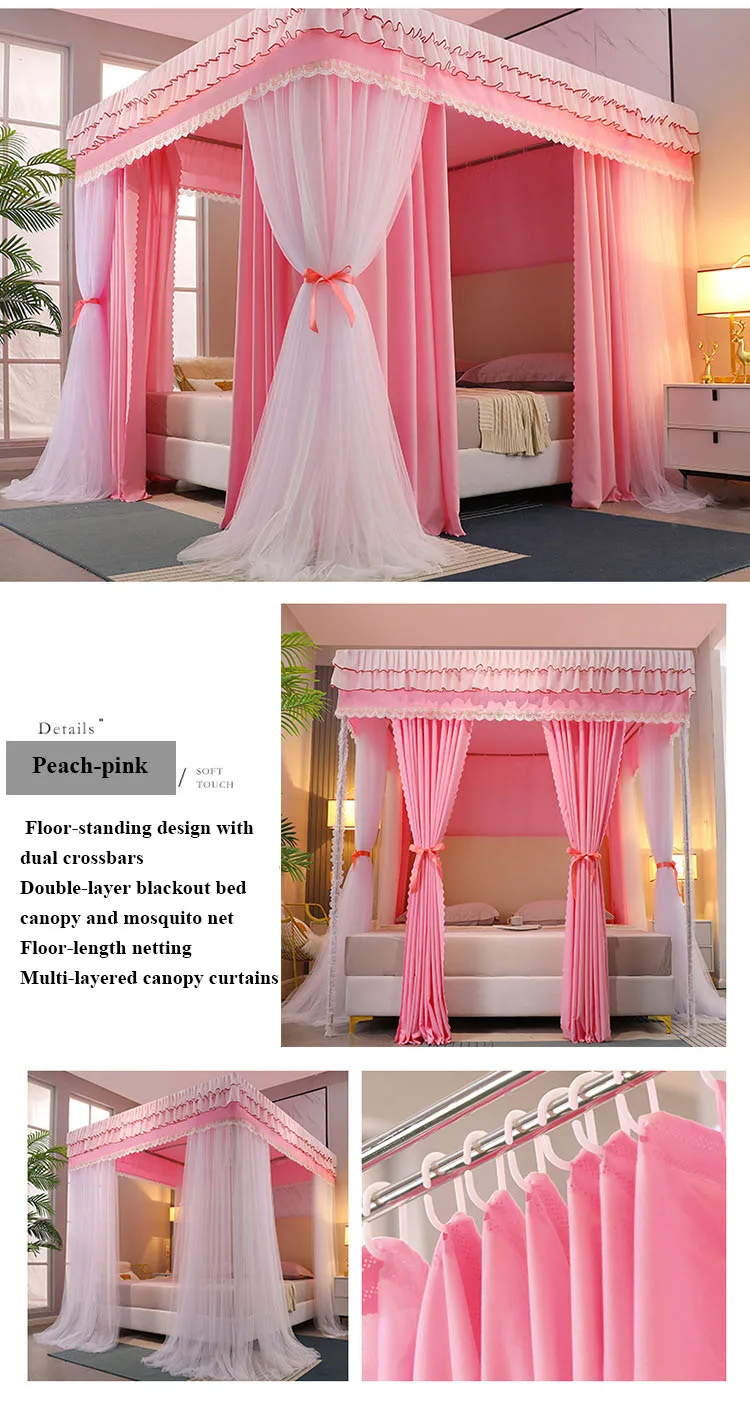 Peach pink Double-Layer Korean-Style Bed Canopy: 1.8m Bed Mosquito Net with Dustproof Top, Windproof and Warm, Princess-Style Bed Curtains for Home Use