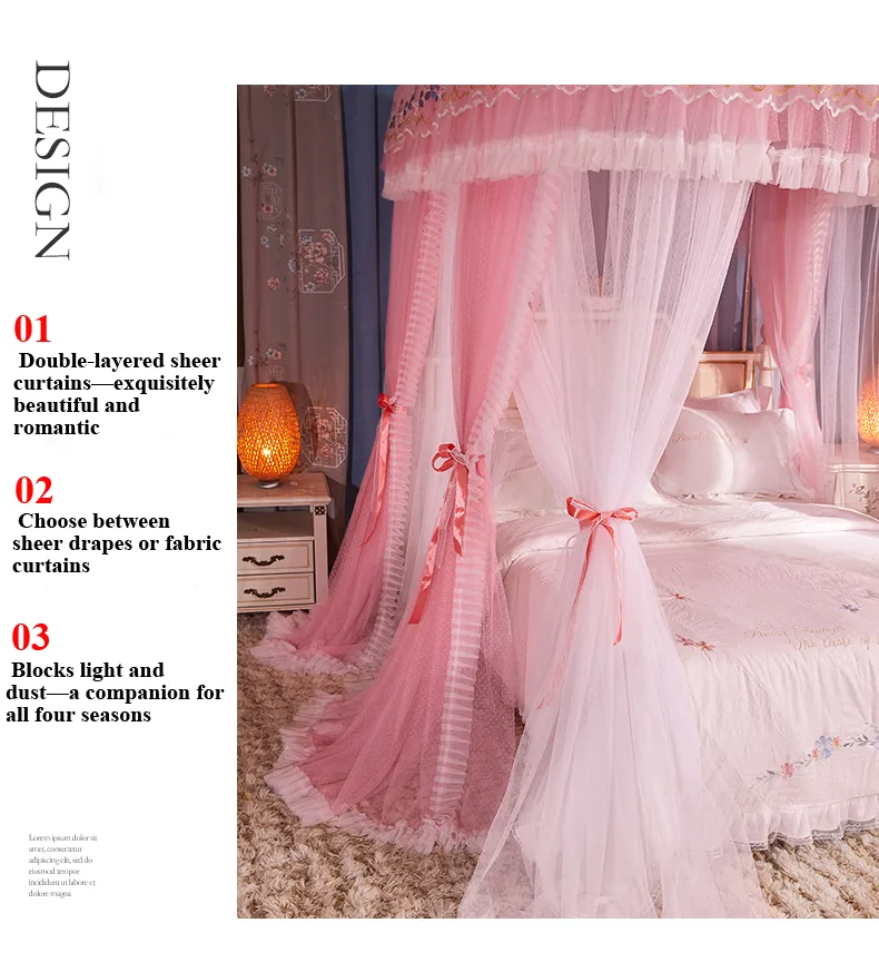 Sakura Pink Double-layer Mesh Mosquito Net with Curtains Light-Blocking, Rail Mounted, Class a Antibacterial Bed Canopy
