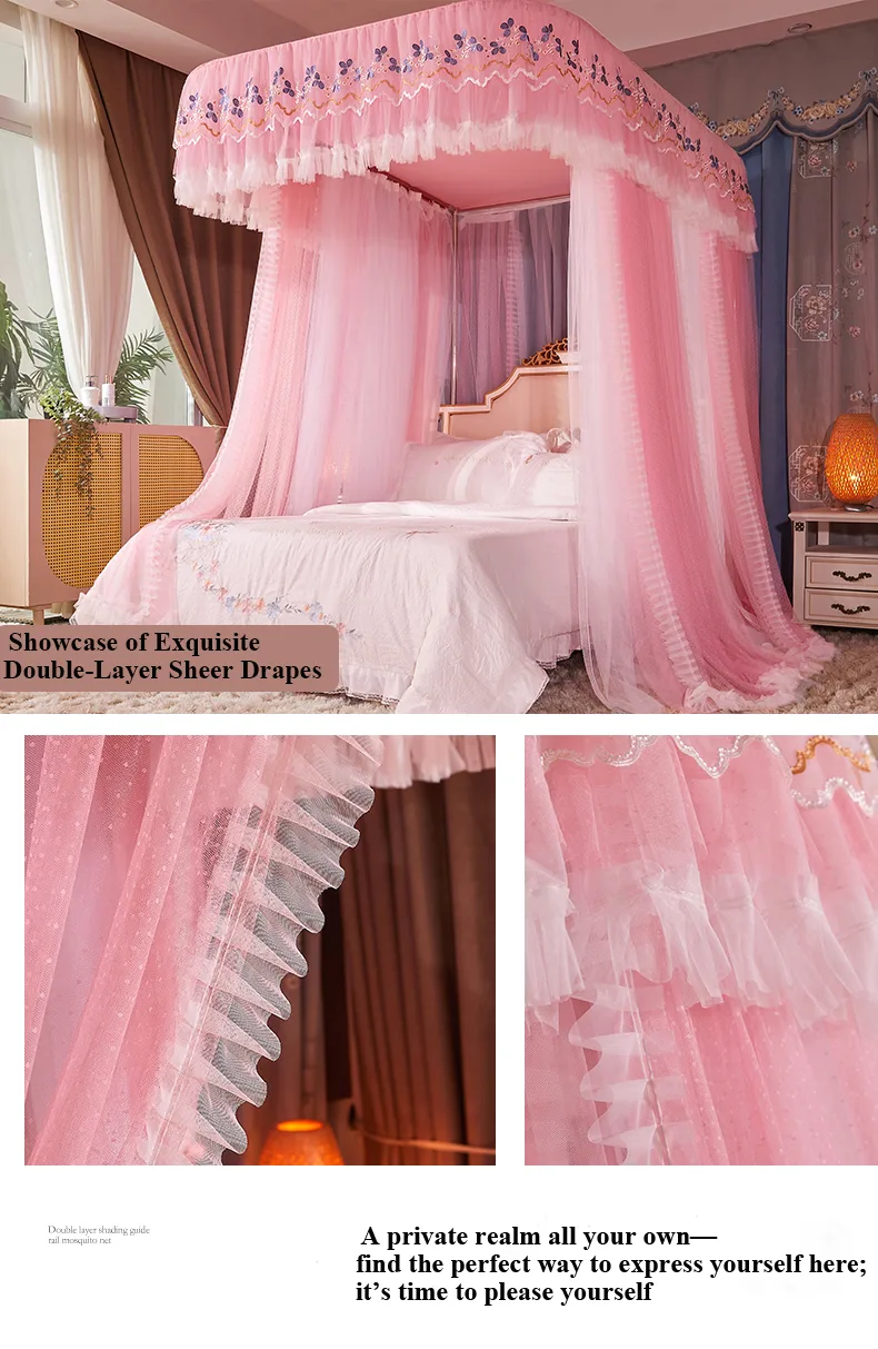 Sakura Pink Double-layer Mesh Mosquito Net with Curtains Light-Blocking, Rail Mounted, Class a Antibacterial Bed Canopy