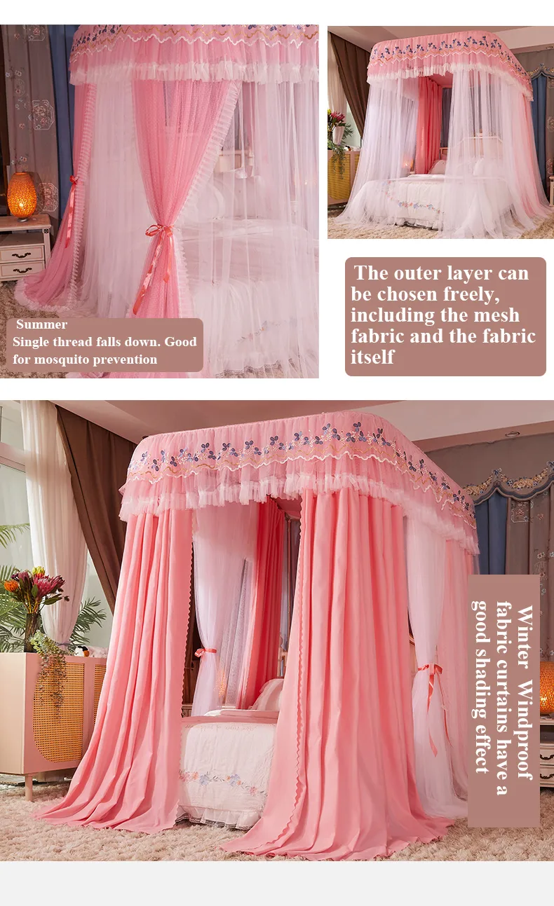 Sakura Pink Double-layer Mesh Mosquito Net with Curtains Light-Blocking, Rail Mounted, Class a Antibacterial Bed Canopy