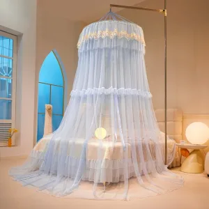 Alice blue-grey dome mosquito net with French lace trim