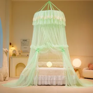 Alice green-grey dome mosquito net with French lace trim