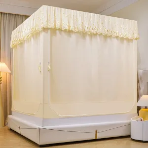 Cream-yellow, new-style blackout embroidered bed curtains with printed patterns and mosquito netting