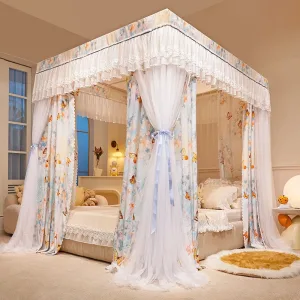 Dreamy Fluttering Dance Double-Bar Five-Way Connector Printed Floor-Length Curtain-Style Mosquito Net