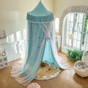 French Romantic Lace-Trimmed Floor-Length Double-Layer Bed Canopy/Mosquito Net – Exquisite Misty Blue