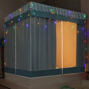 Fresh and minimalist style, featuring a light green bed canopy and mosquito net