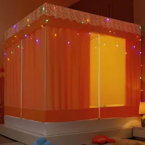 Fresh, minimalist style featuring orange bed drapes and a mosquito net
