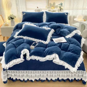 Gem blue  Double-Layer Ruffled, 210gsm Thickened Milk Fleece 4-Piece Bedding Set