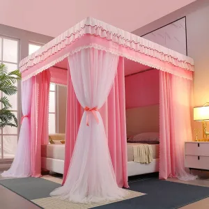 Peach pink  Double-Layer Korean-Style Bed Canopy: 1.8m Bed Mosquito Net with Dustproof Top, Windproof and Warm, Princess-Style Bed Curtains for Home Use