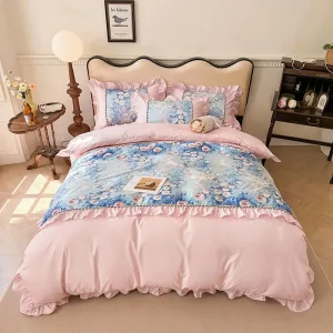 Pink rose French-Style Printed Combed Cotton 4-Piece Bedding Set