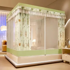 Printed, floor-standing, anti-fall mosquito net with blackout curtains
