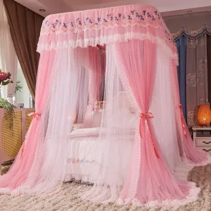Sakura Pink Double-layer Mesh Mosquito Net with Curtains Light-Blocking, Rail Mounted, Class a Antibacterial Bed Canopy